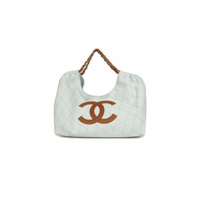 CHANEL MAXI COCO BEACH CAMBON HOBO BAG BLUE DENIM AND BROWN CALFSKIN BRUSHED GOLD HARDWARE (44*24*18cm)